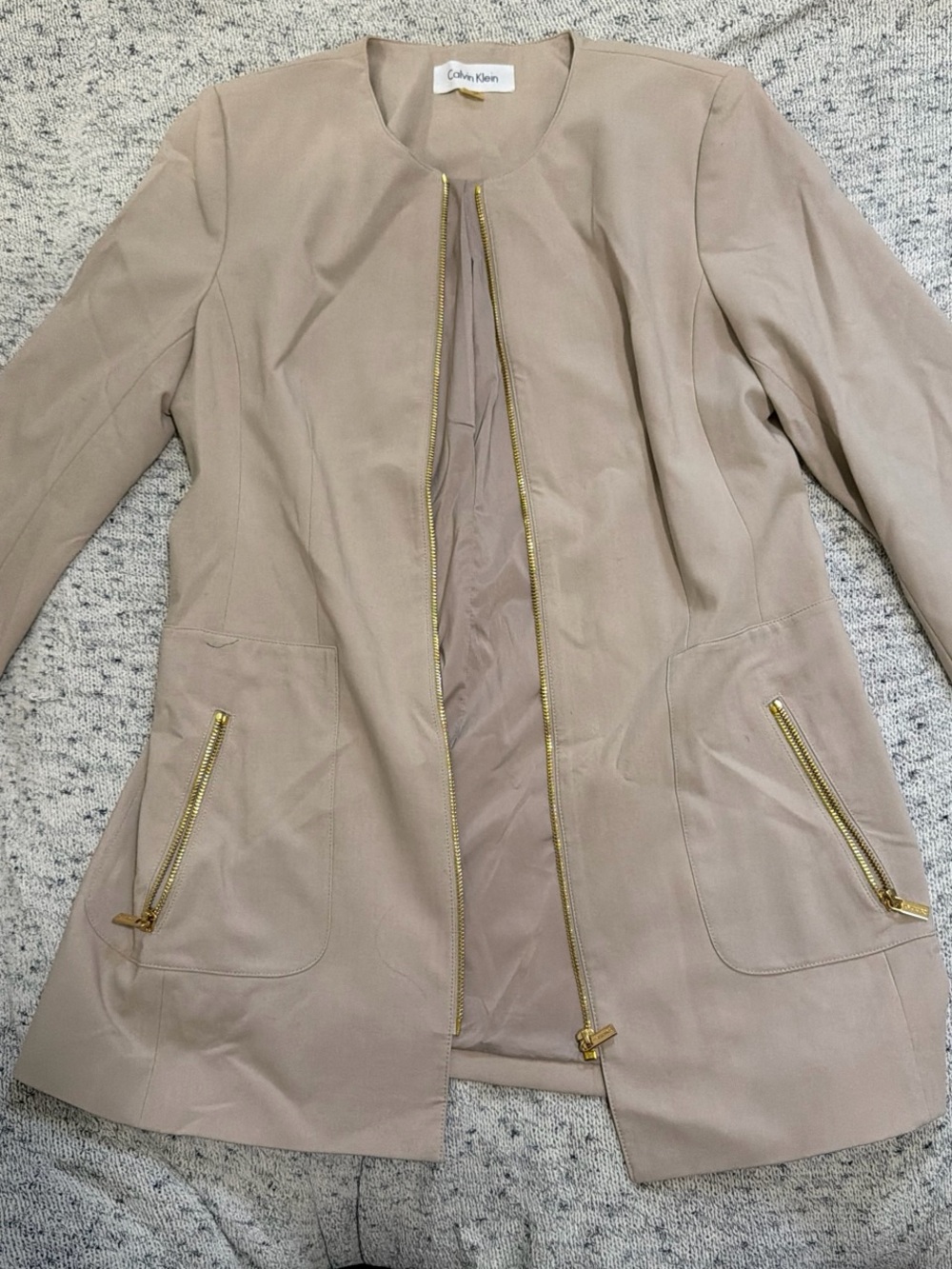 Calvin Klein Beige Zip-Front Collarless Blazer